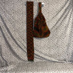 Hand crochet backpack with drawstrings and matching scarf with fringe hem
